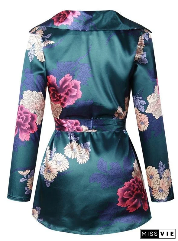 Floral Print Notched Dress Women Summer Long Sleeve Sexy Split