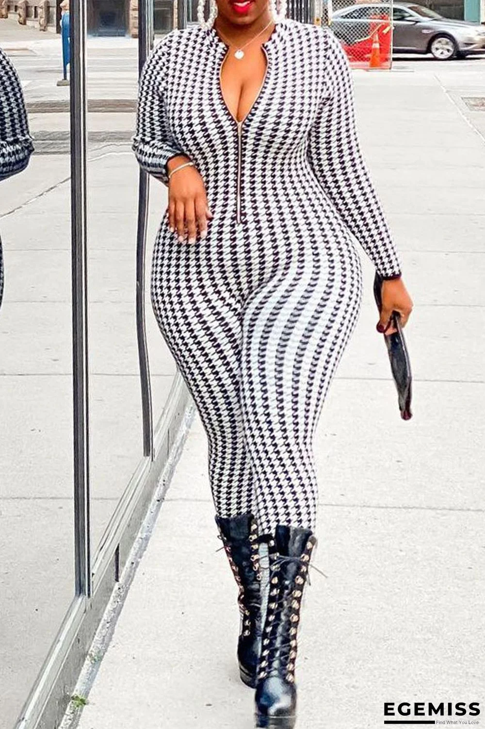 Black White Sexy Print Patchwork Zipper Collar Plus Size Jumpsuits | EGEMISS