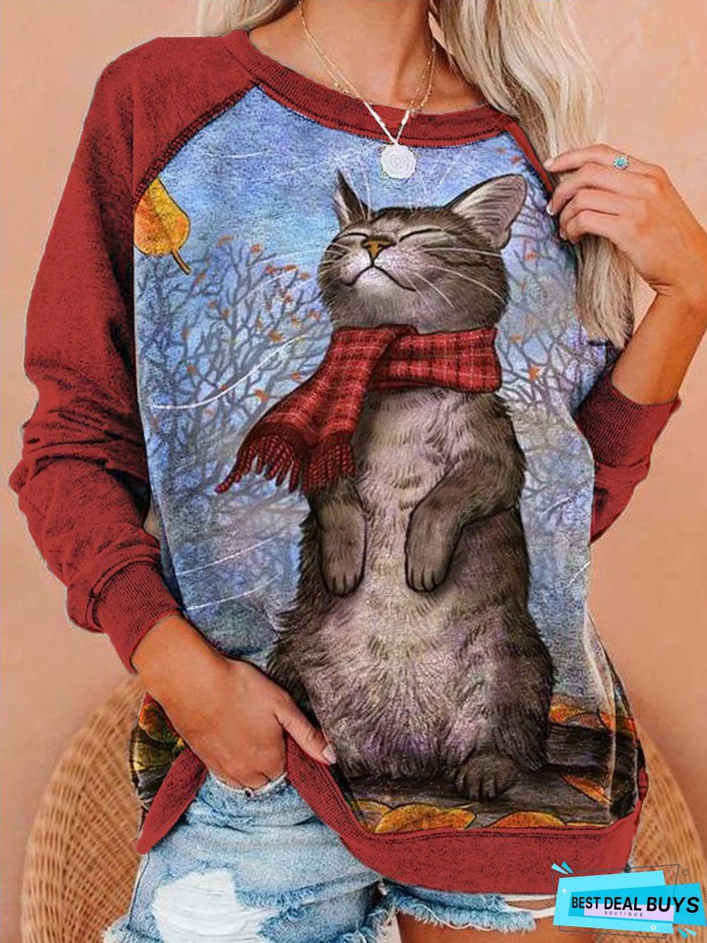 Gray Long Sleeve  CAT Print Sweatshirt