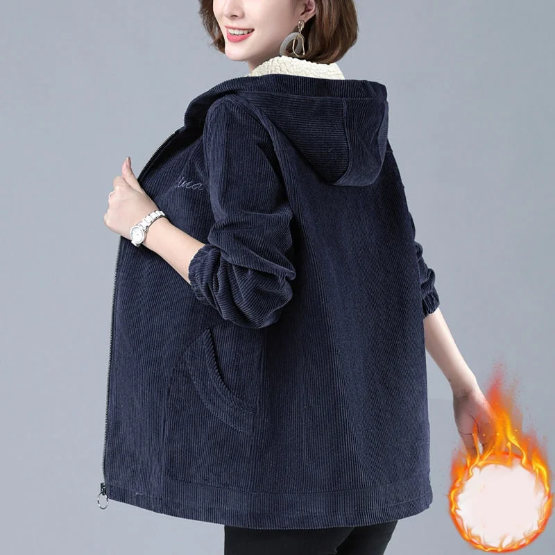 Zoki Warm Women Corduroy Coat Winter Thick Vintage Plus Size Pocket Zipper Female Jacket Hooded Loose Long Sleeve Lady Clothes