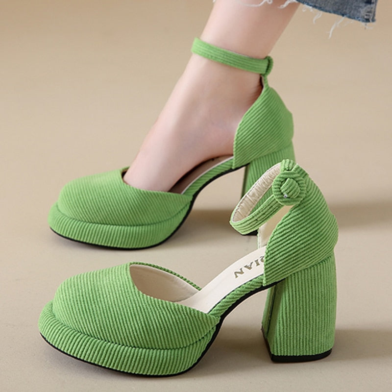 LANFUBEISI Green Ankle Strap Platform Pumps Women Corduroy High Heels Mary Jane Shoes Woman Elegant Chunky Heeled Party Dress Shoes LANFUBEISI