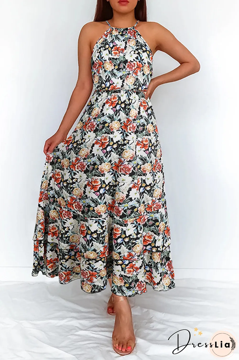 Elegant Floral Split Joint Halter Waist Skirt Dresses