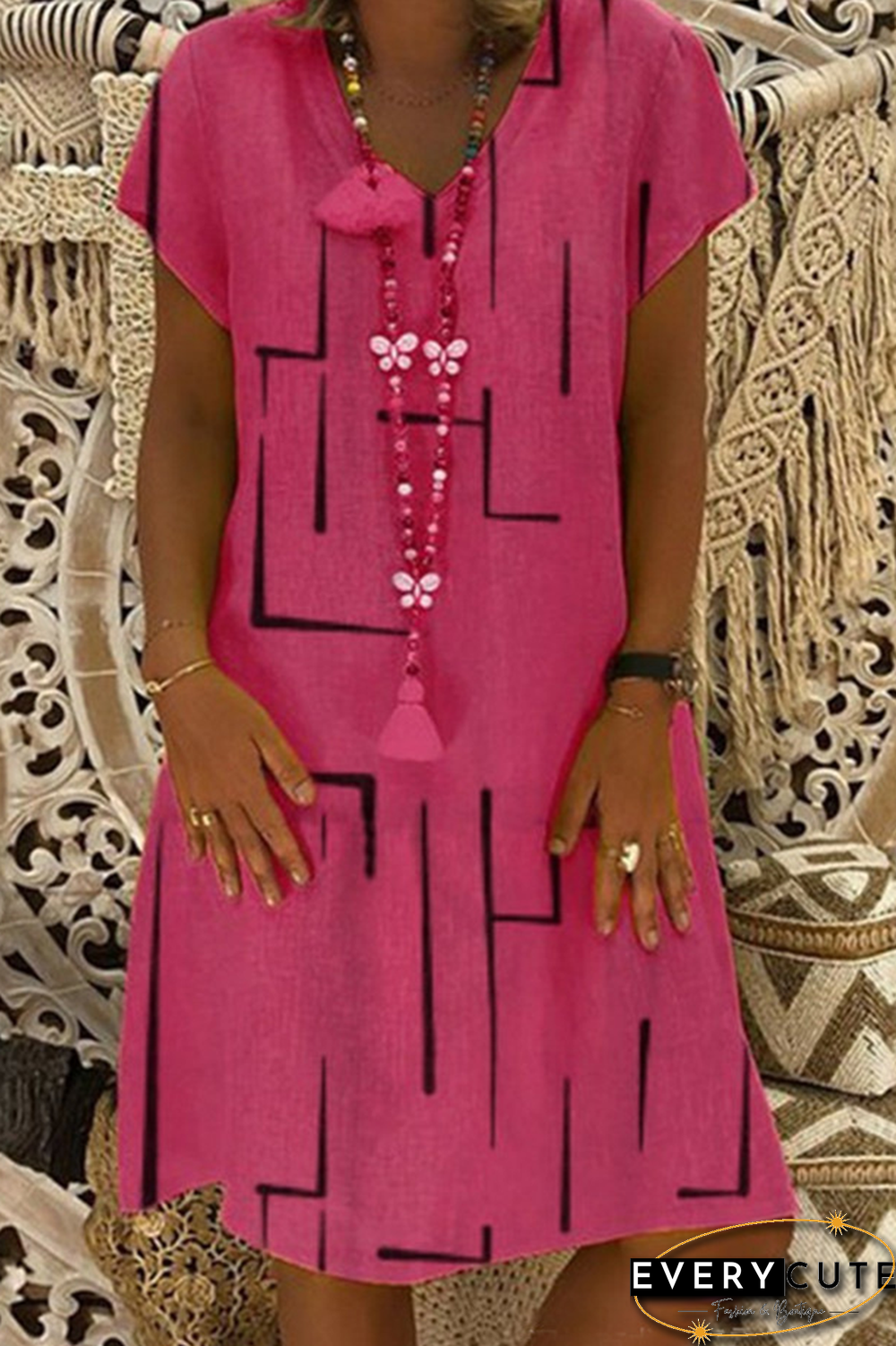 Casual Print Patchwork V Neck Straight Dresses(8 Colors)