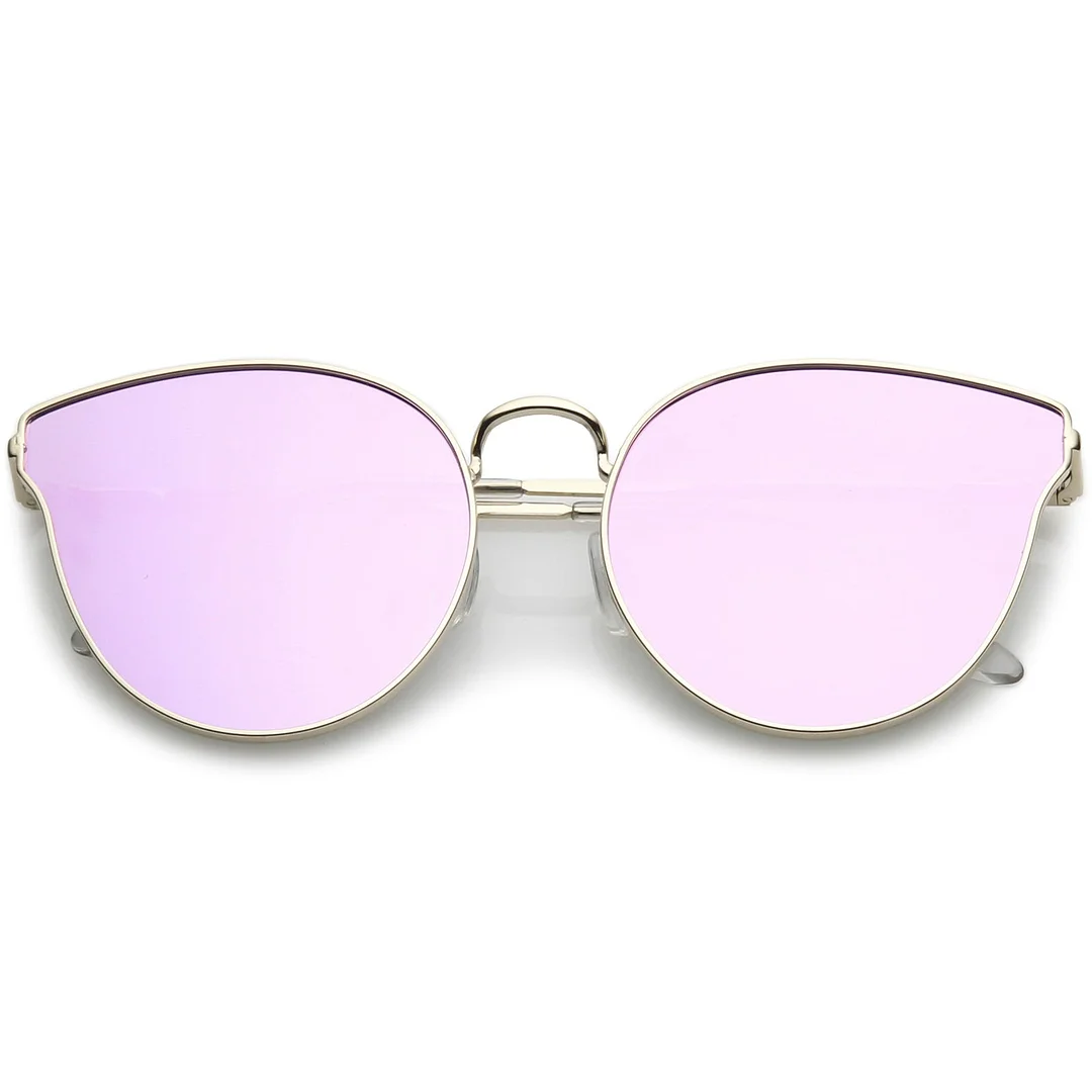 Premium Metal Cat Eye Sunglasse With Slim Arms And Round Colored Mirror Flat Lens 54mm