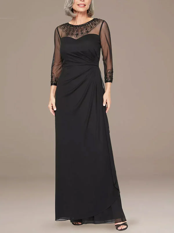 Ruched Illusion Mesh Sheath Gown With Jeweled Neck