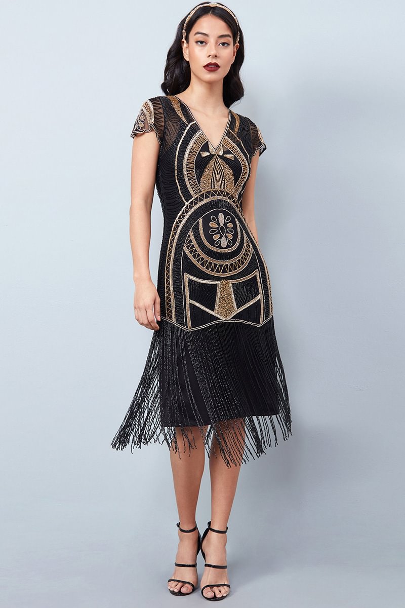 1920s Black Gold Party Sequin Fringe Underskirt A-line Midi Dress [Pre-Order]