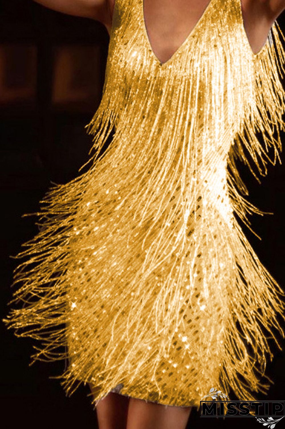 Gold Fashion Elegant Solid Tassel Patchwork V Neck Evening Dress Dresses