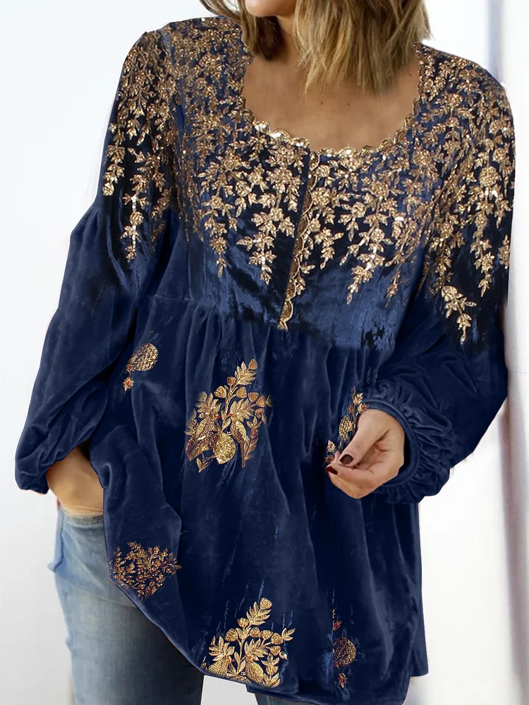 Ursime Casual Golden Leaf Pattern U Neck Lantern Sleeve Velvet Blouse