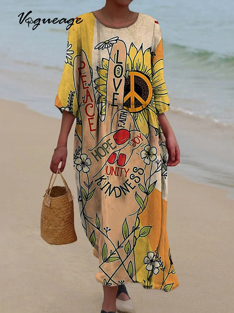 Peace Love Faith Hope Joy Unity Kindness Printed Women's Casual Cotton And Linen Dress