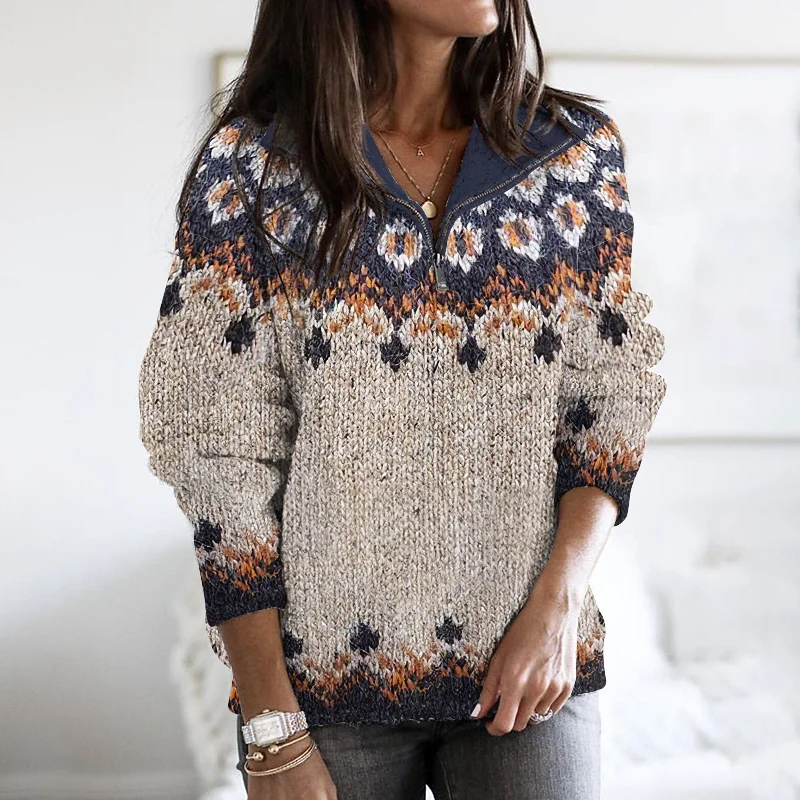 Vintage Geometry Contrast Jacquard Ziper Cozy Sweater