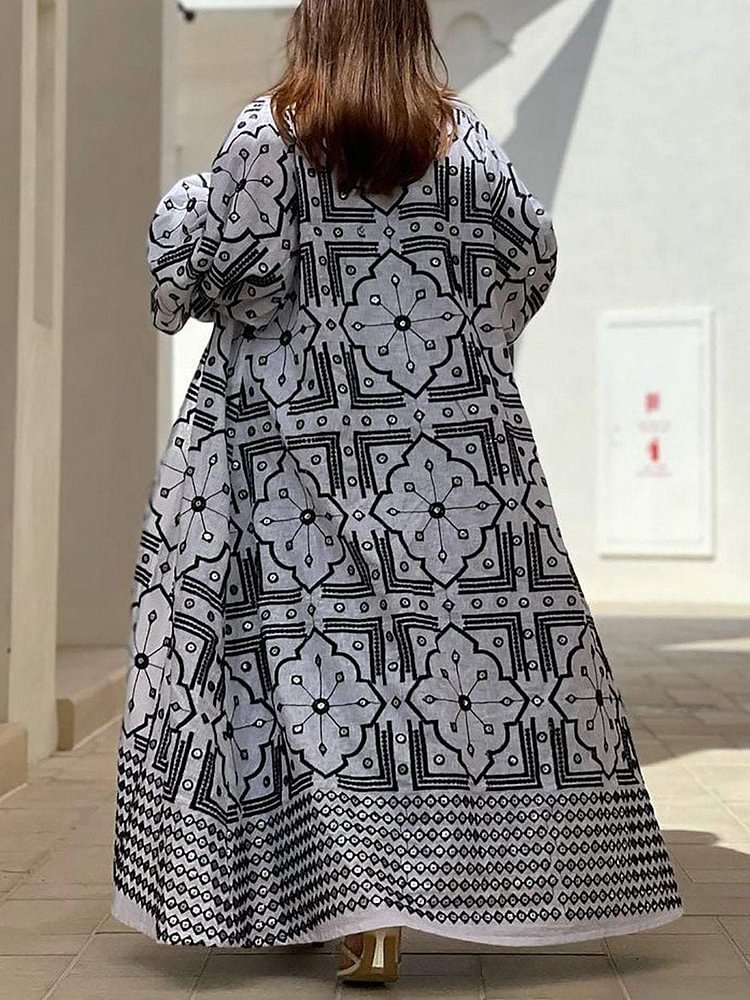 Elegant Ethnic Floral Geometric Print Cardigan Abaya