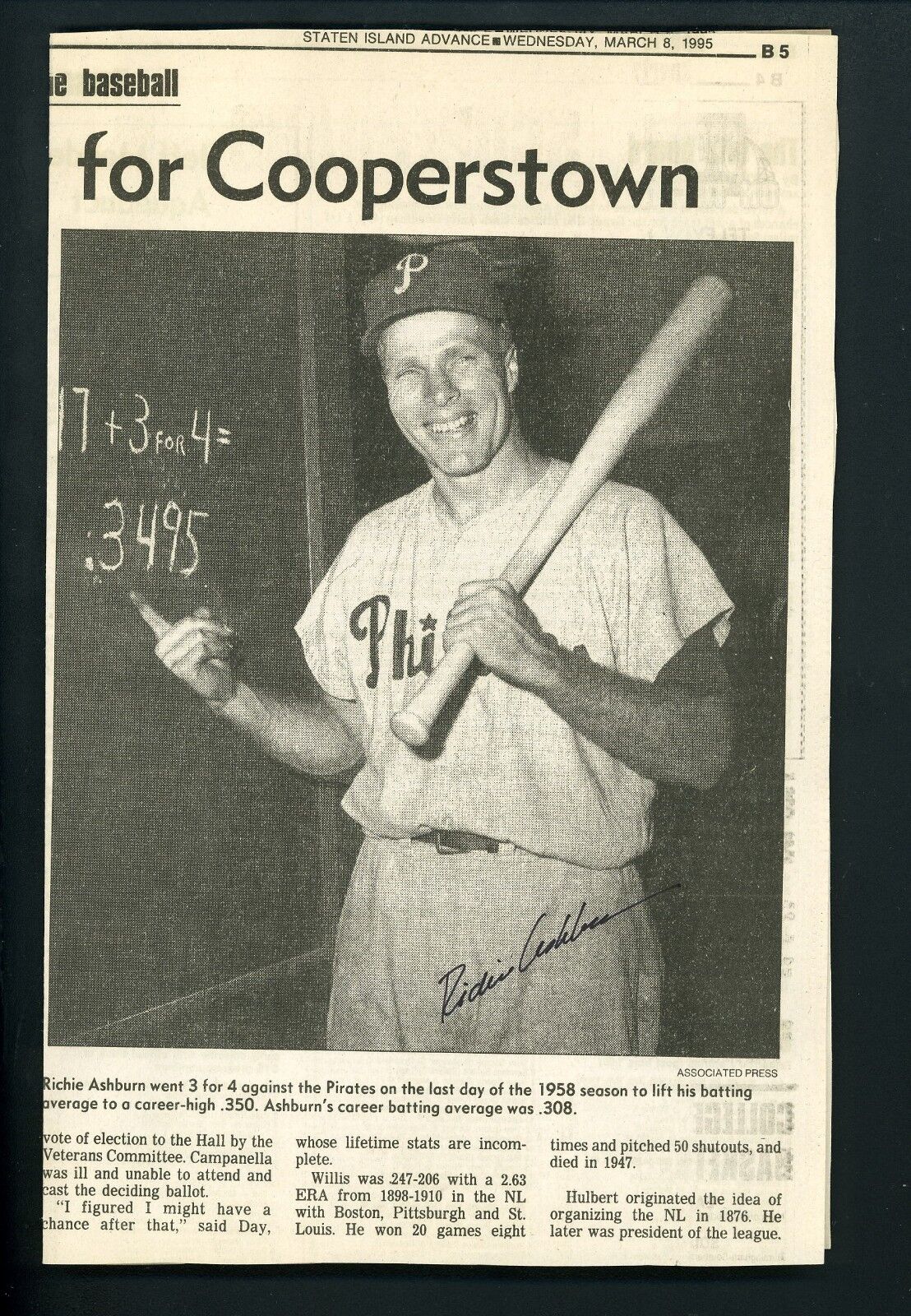 Richie Ashburn Signed Autographed Hall Of Fame Newspaper w/ JSA Authentication