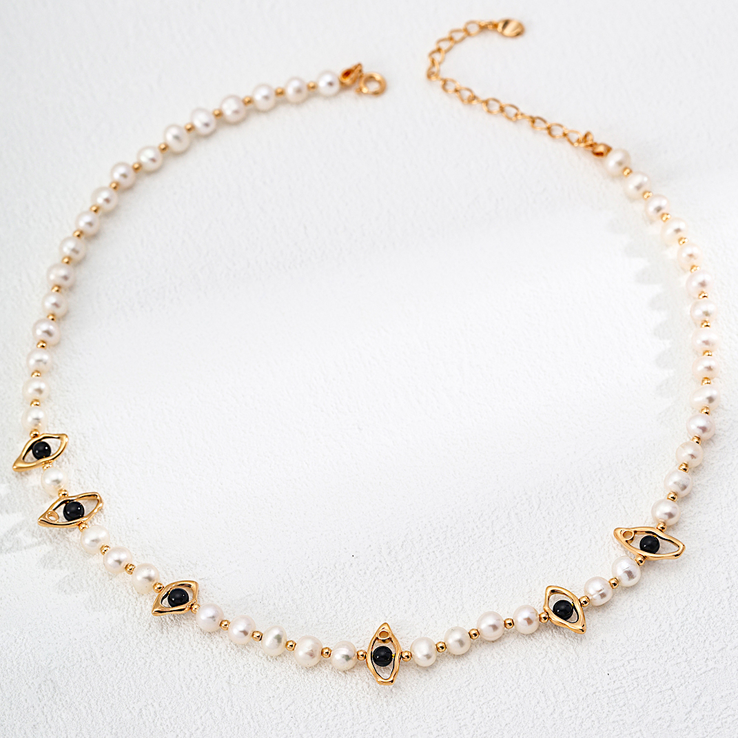 Evil Eye Black Agate Pearl Gold Plated Beaded Necklace