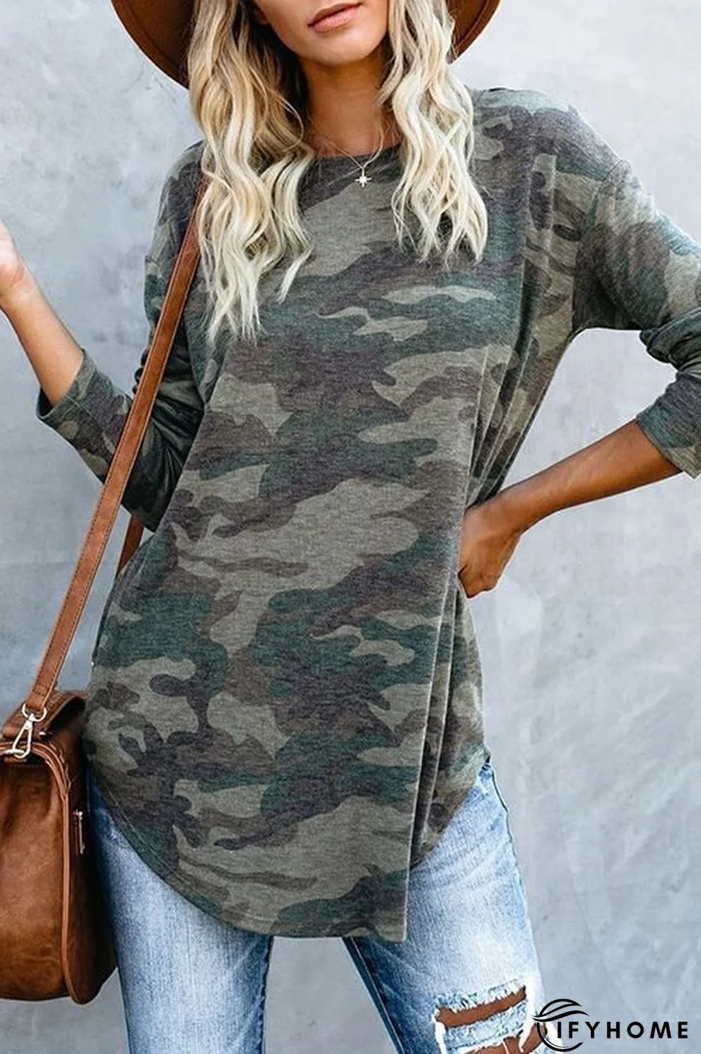 Gray Long Sleeve Cotton-Blend Tunic Top | IFYHOME