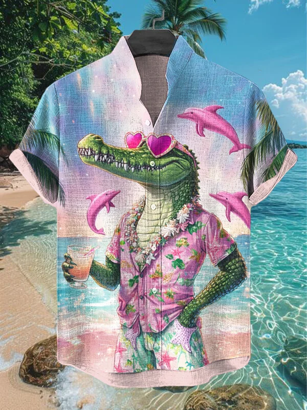 Men's Crocodile Holding A Cocktail On Vacation Pink Dolphin Art Print Casual Shirt