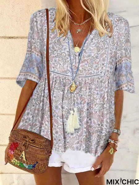 V Neck Floral Casual Half Sleeve Tops