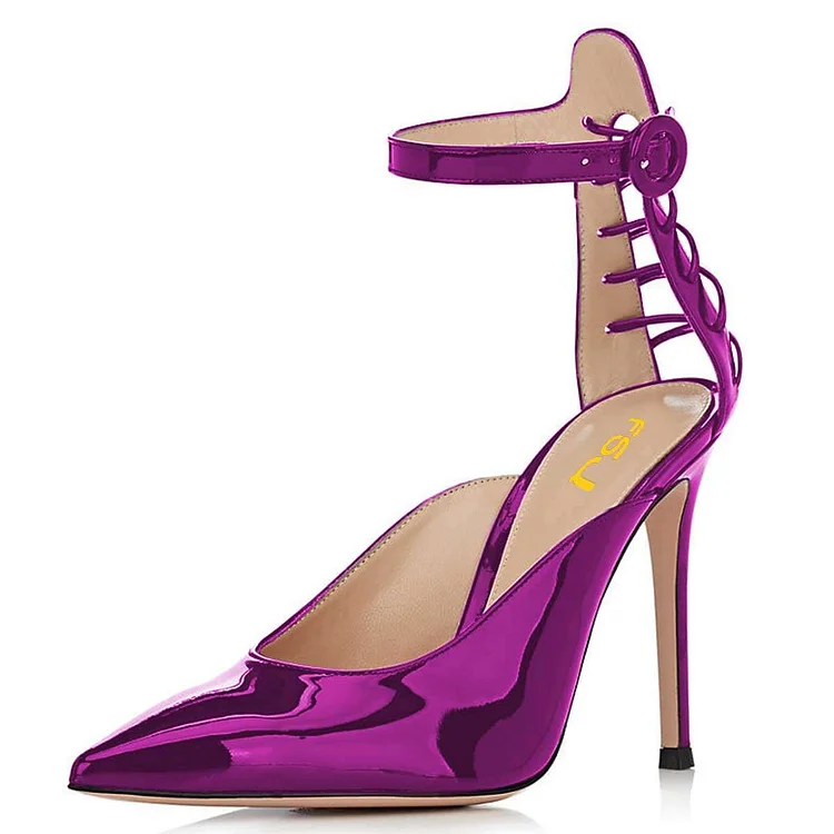 Purple Mirror Leather Lace Up Ankle Strap Heels Pumps |FSJ Shoes