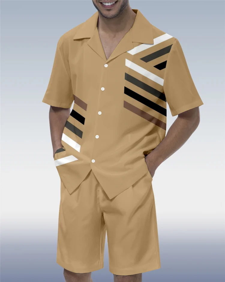 Suitmens Men's Art Geometry Short Sleeve Casual Shirt Set  0357