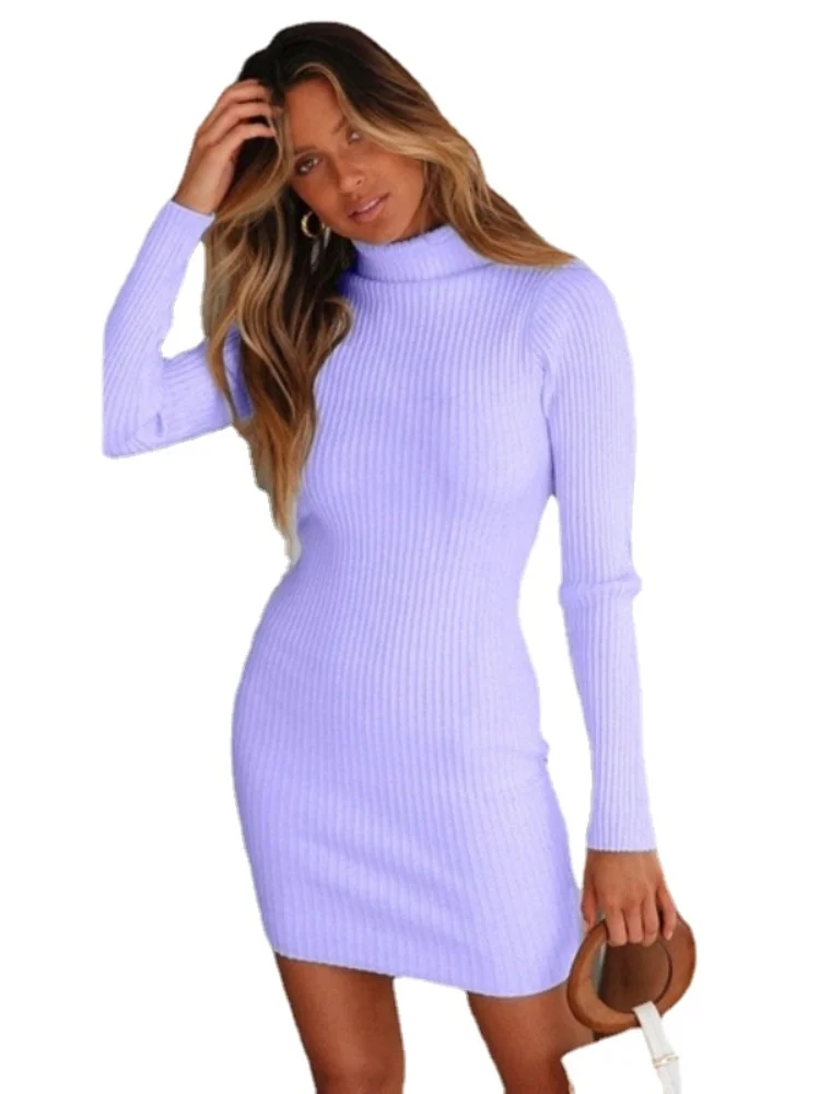 Spring & Autumn New Solid Color Knitted Dress Fashion Commuter Style High Neck Women's Autumn Long Sleeve Loose Top Dress