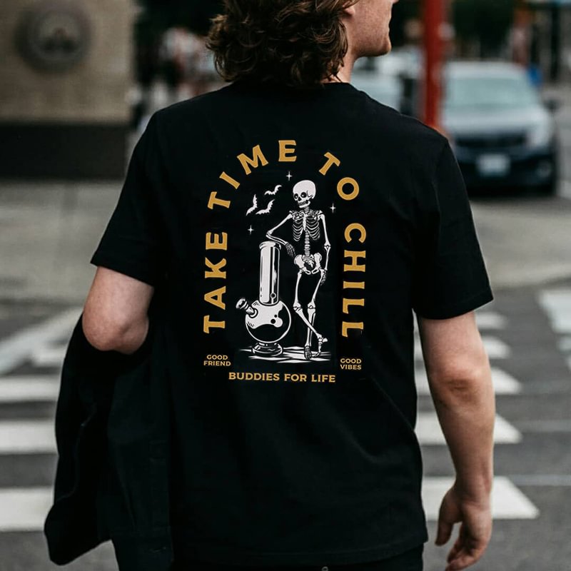 Take time to chill skull print casual t-shirt -  UPRANDY