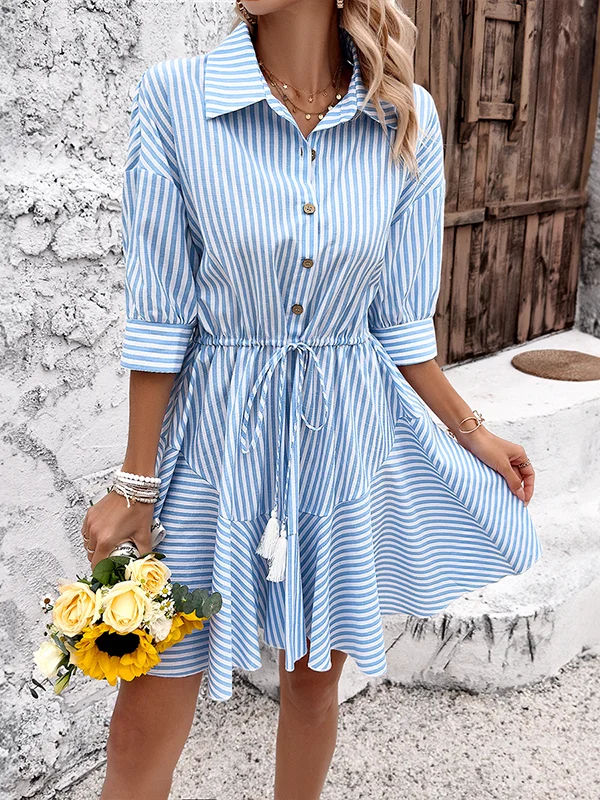 Buttoned Drawstring Split-Joint Striped Tasseled Half Sleeves Loose Lapel Shirt Dress Mini Dresses