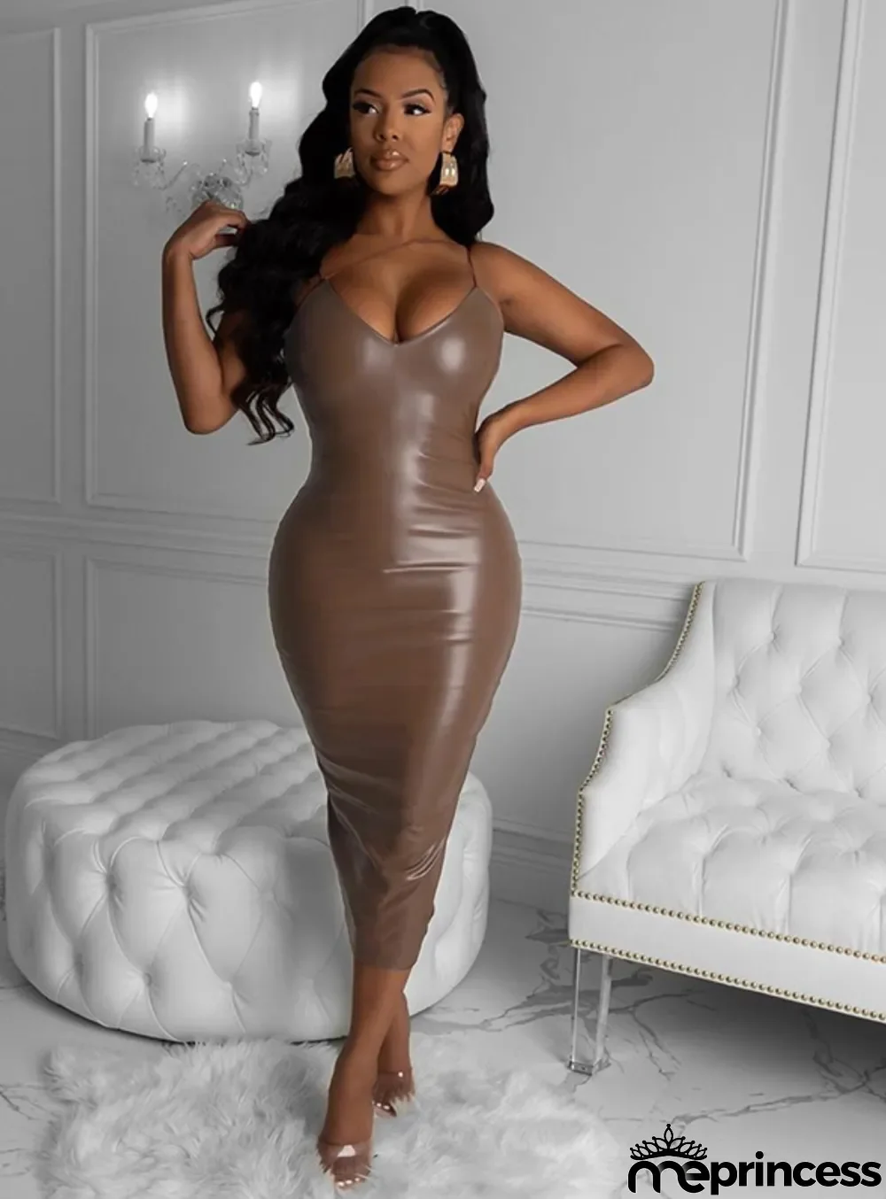 Sexy Strap Leather Midi Dress