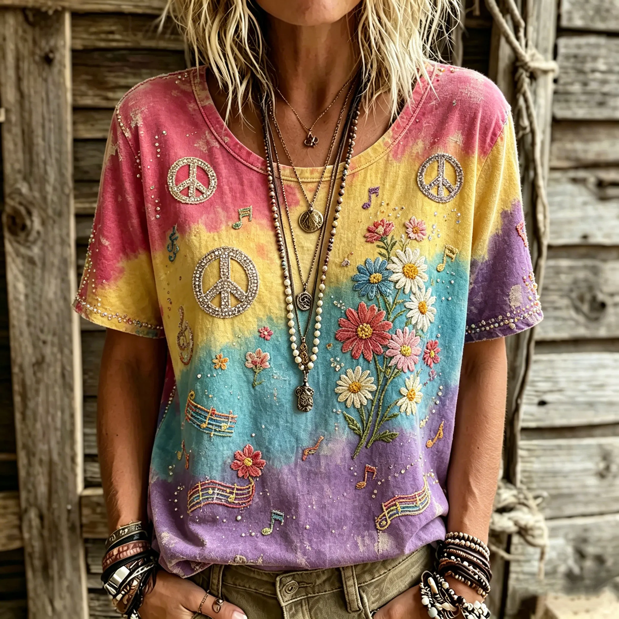 Comstylish Women's Retro Hippie Peace Logo Floral Art Embroidery Casual Cotton Linen T-shirt