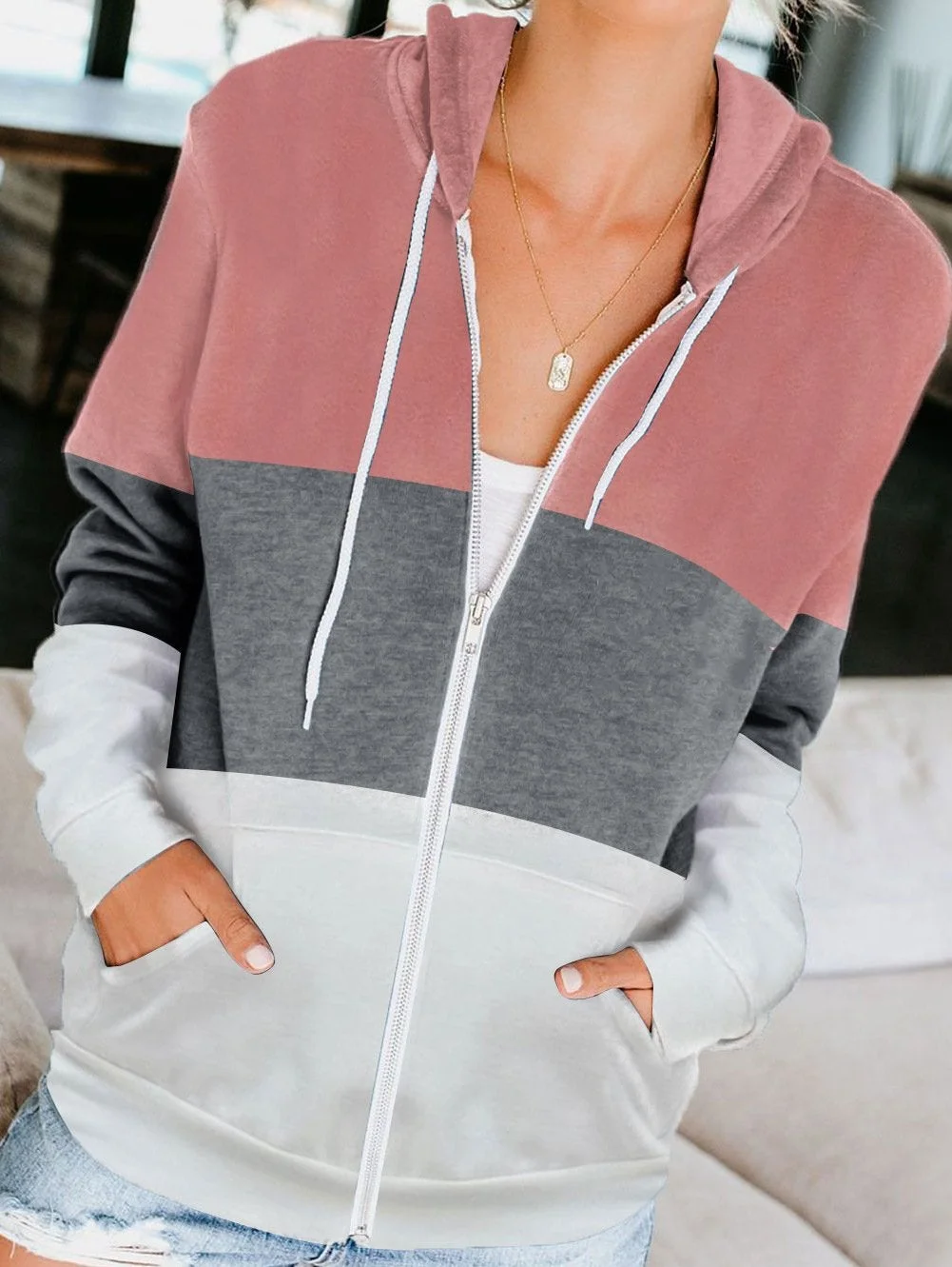 Womens Color Block Hoodie Zipper Lace Hooded Sweatshirt