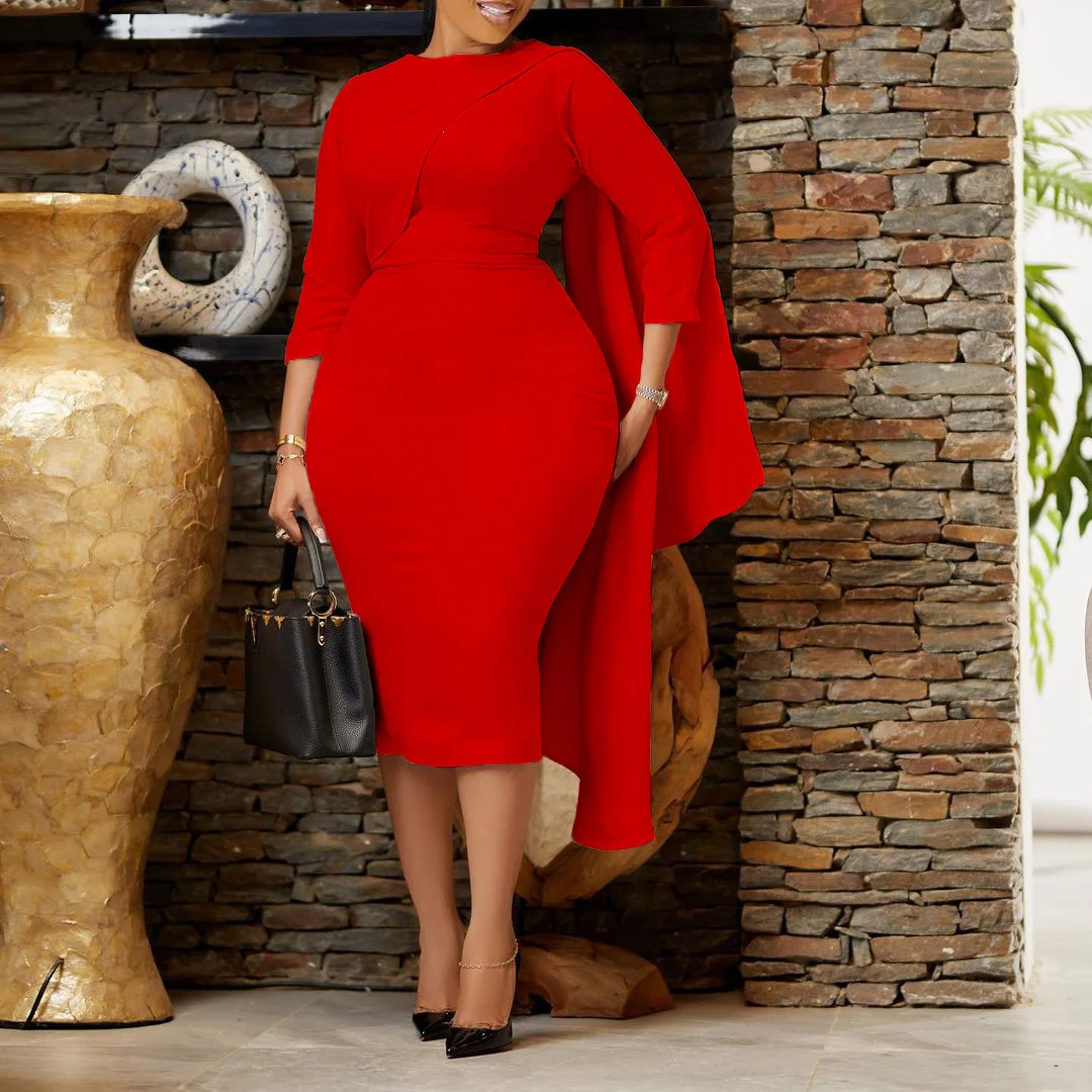 3/4 Sleeve Crew Neck Bodycon Party Dress - Red
