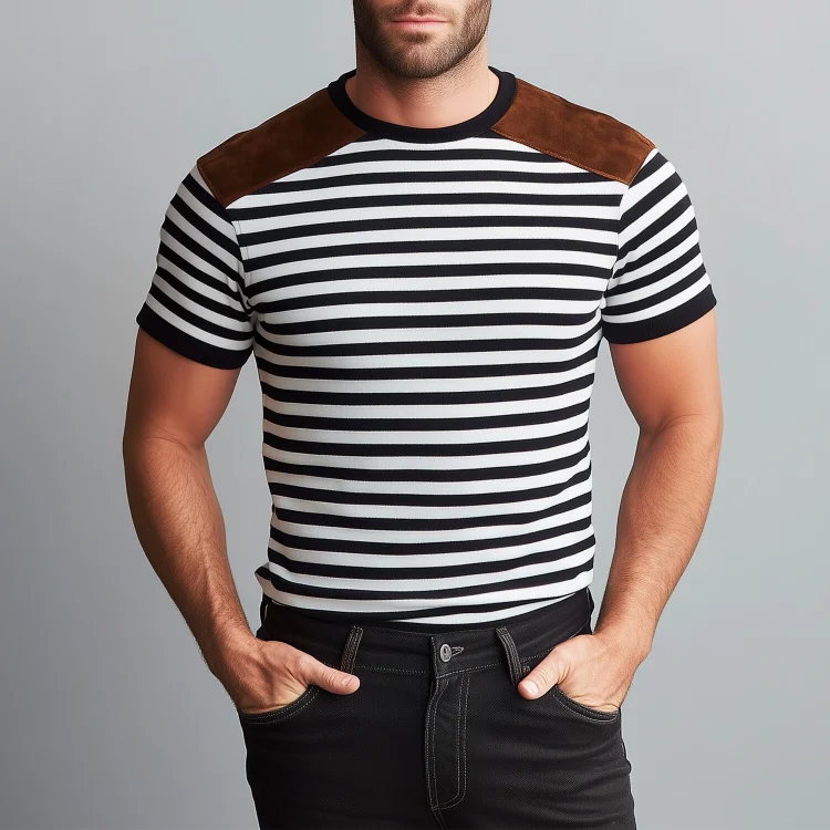 Okaywear Suede Patchwork Striped Short Sleeve T-Shirt Okaywear