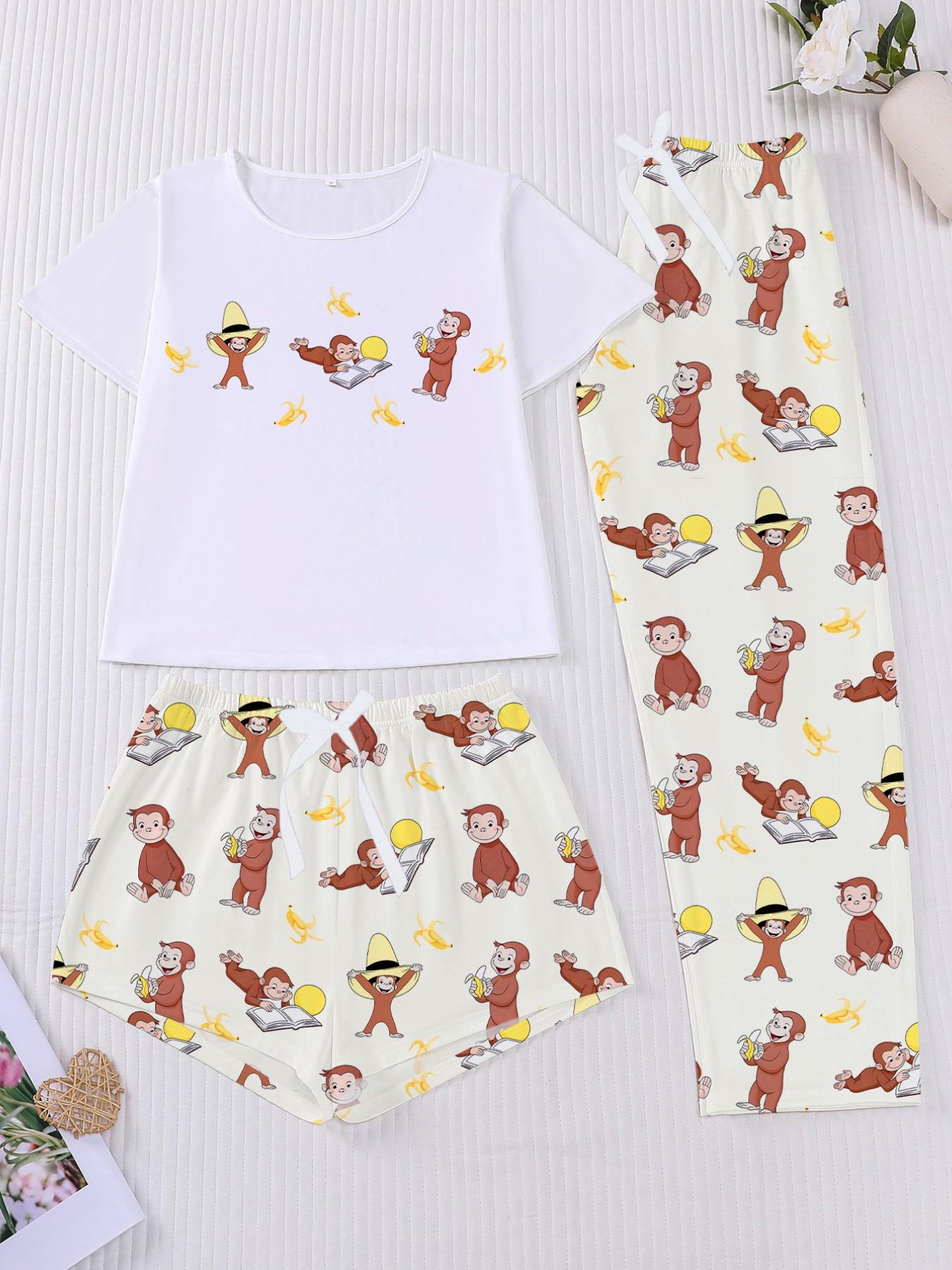 Curious George Women's Sleepwear Set, Loungewear, Matching, Short Sleeve & Long Shorts, Fitted, Comfortable Home Wear, Three-Piece Pajama Suit, Pjs