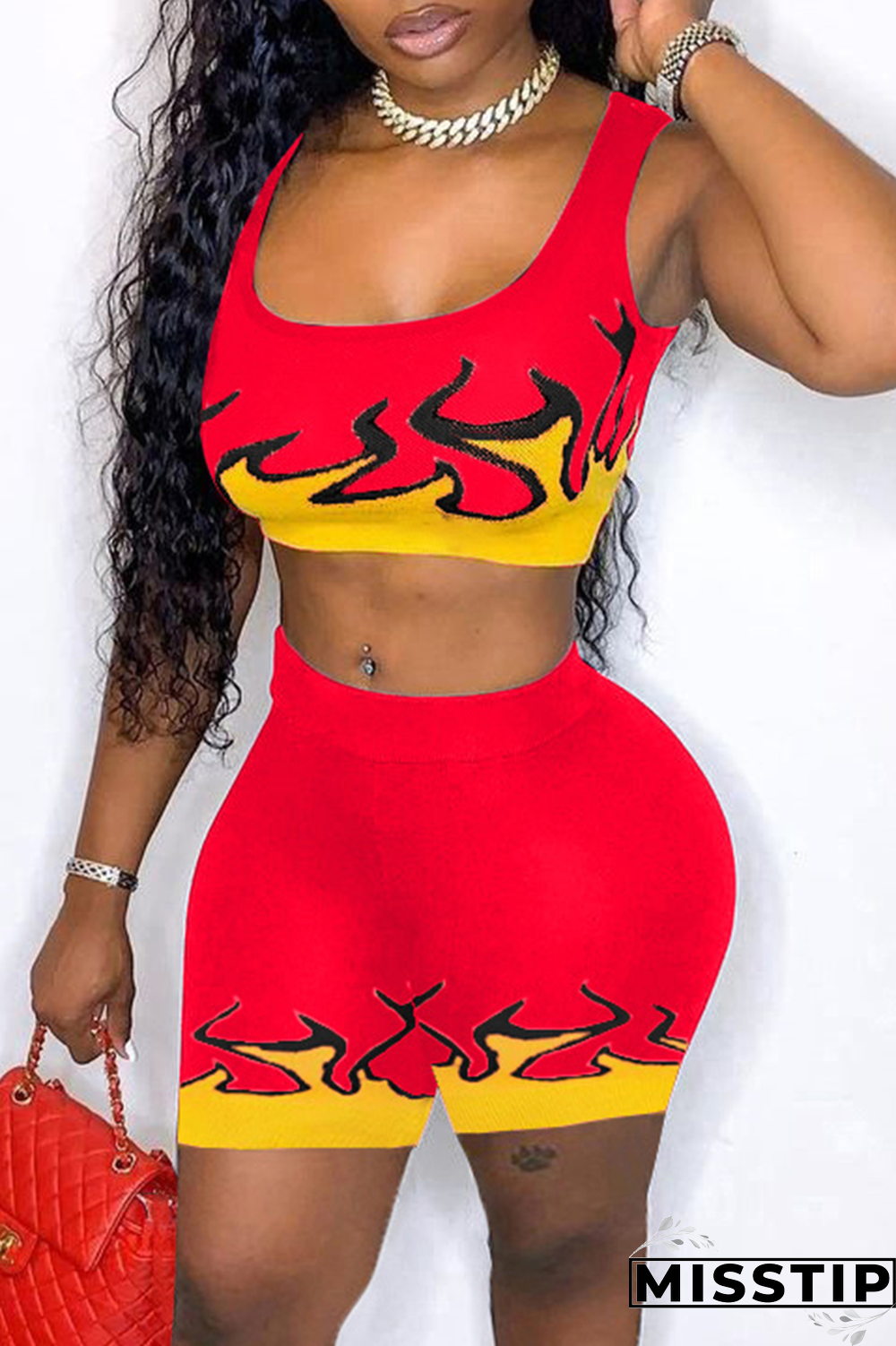Red Sexy Print Patchwork Square Collar Sleeveless Two Pieces