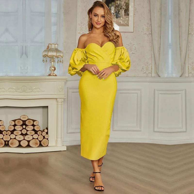 Fashion pile of sleeves banquet bandage long dress