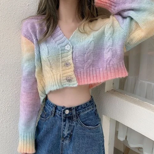 Women's Autumn Winter New Rainbow Tie-Dye Color Matching Sweater Wearing V-neck Knitted Cardigan Short Long-Sleeved Tops PL531