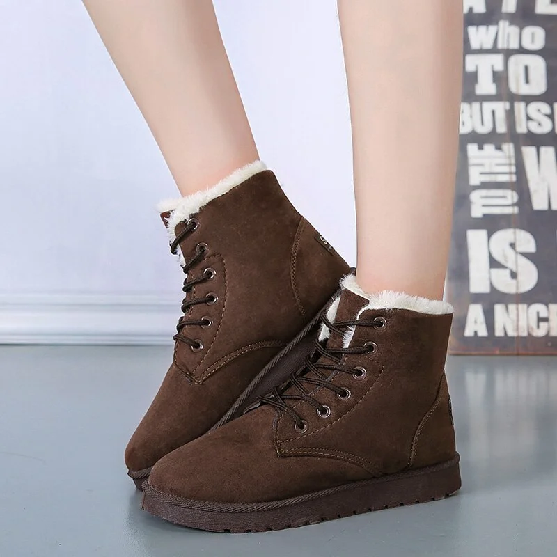 New Add Thick Cotton Women Snow Boots Flat Lace Up Winter Platform Ladies Warm Shoes Flock Fur Women's Suede Ankle Boots Female