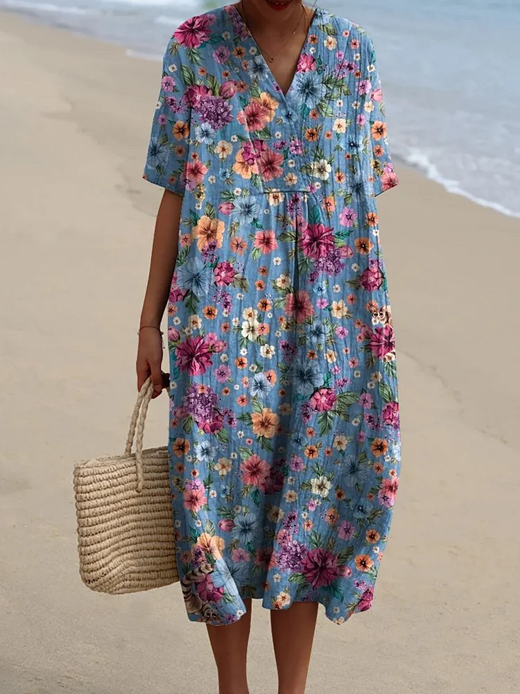 Lively Summer Floral Pattern Printed Women's Flowy Dress