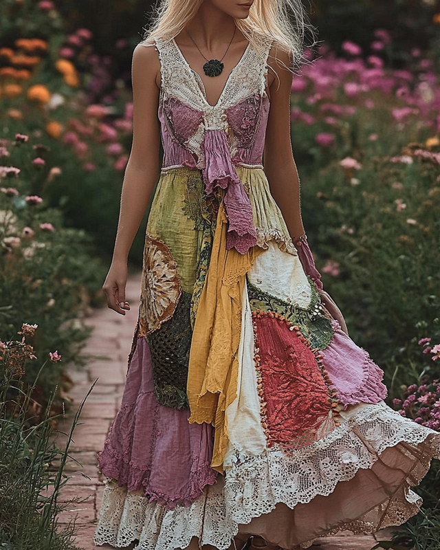 Summer Floral Embroidered Lace Patchwork Comfortable Linen Dress 9c51