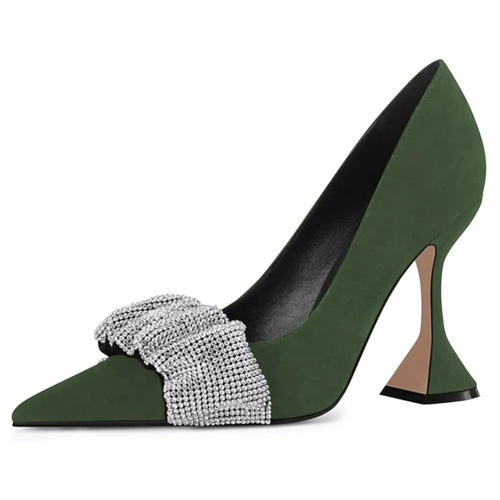 Green Vegan Suede Pointed Toe Rhinestone Decor Pumps for Women