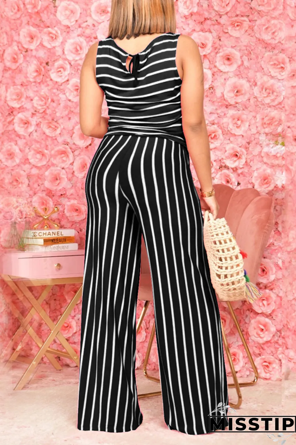 Rose Red Casual Striped Patchwork O Neck Short Sleeve Two Pieces