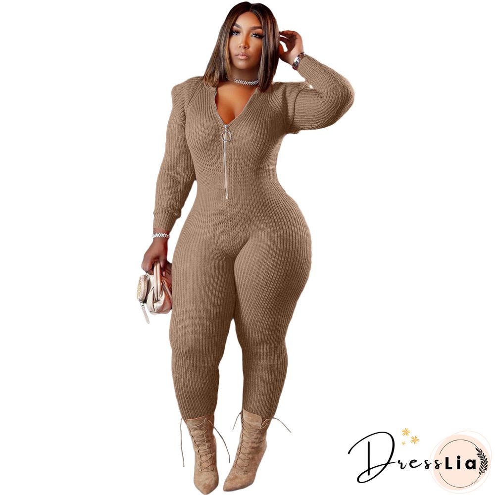 Knitted Long Sleeve Shoulder Padded Hooded Jumpsuit