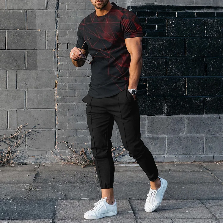 BrosWear Men's  Geometric Gradient Casual Short Sleeve  T-Shirt And Pants Co-Ord