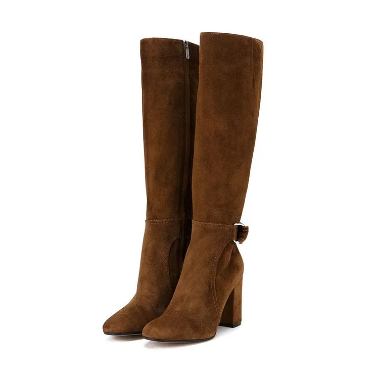 Brown Vegan Suede Chunky Heel Boots Round Toe Buckles Knee-high Long Boots |FSJ Shoes