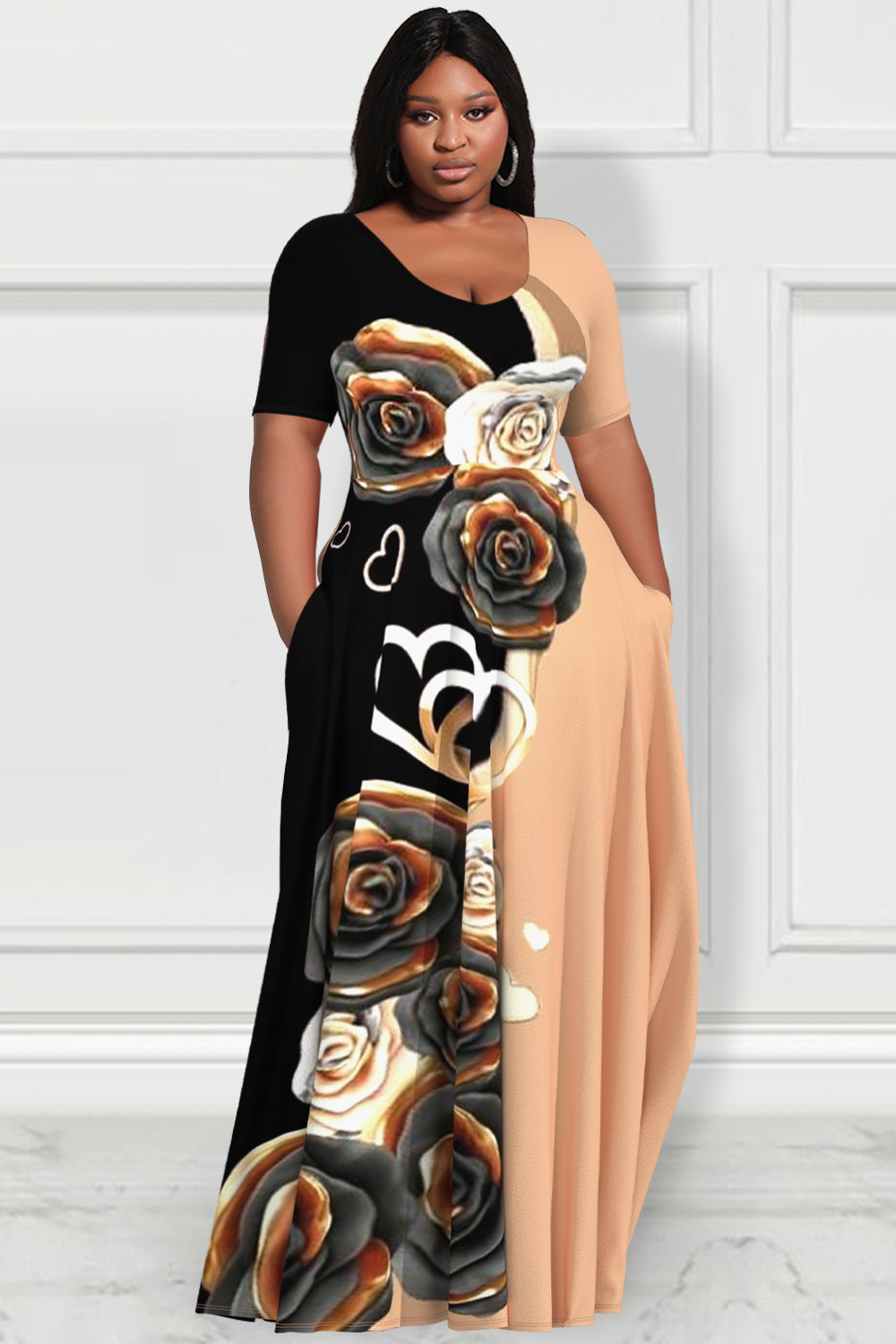 Xpluswear Design Plus Size Casual Colorblock Floral Print Short Sleeve With Pockets Maxi Dress