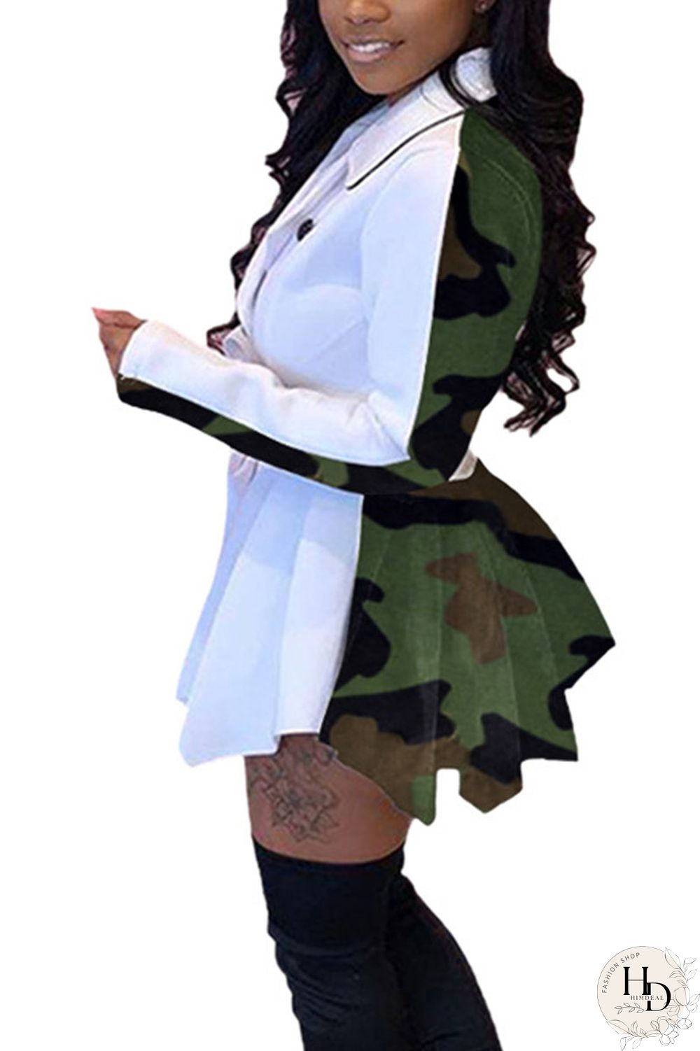 Black Fashion Leopard Camouflage Print Split Joint POLO collar Asymmetrical Dresses