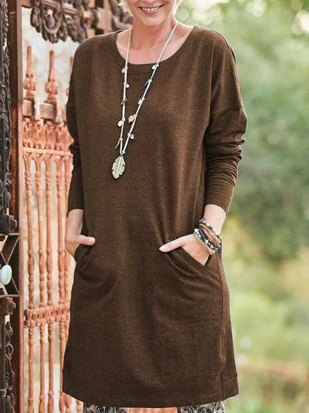 Long Sleeve Plain Pockets Casual Fall Dresses