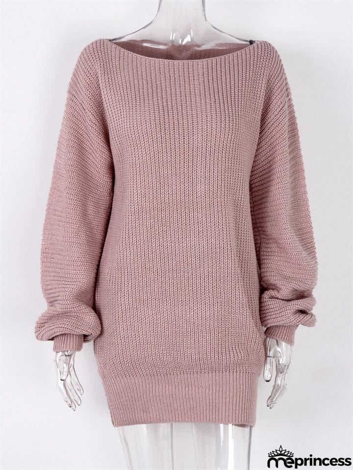 Comfortable Pullover Off-The-Shoulder Casual Loose Knit Sweater Mini Dress