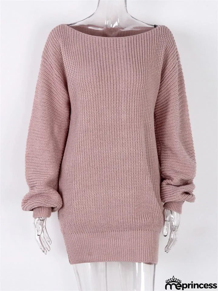 Comfortable Pullover Off-The-Shoulder Casual Loose Knit Sweater Mini Dress