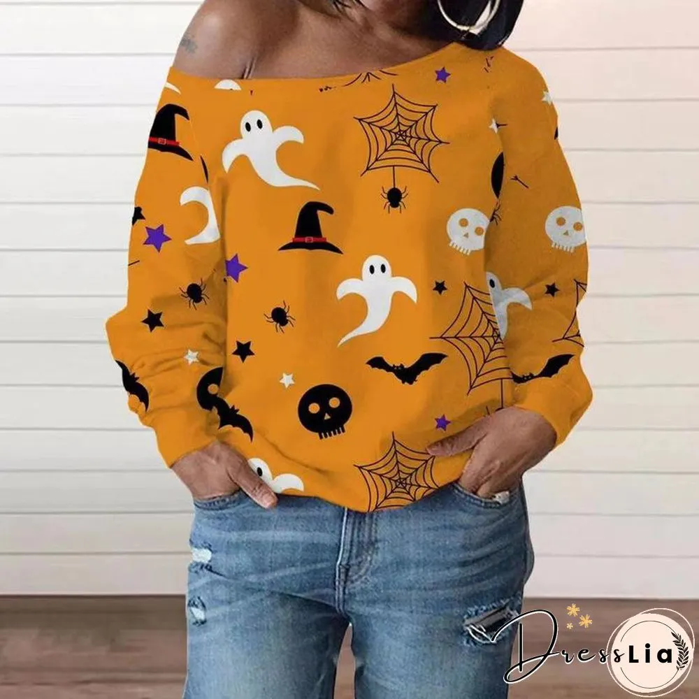 Long Sleeve Halloween Pattern One Shoulder Tee