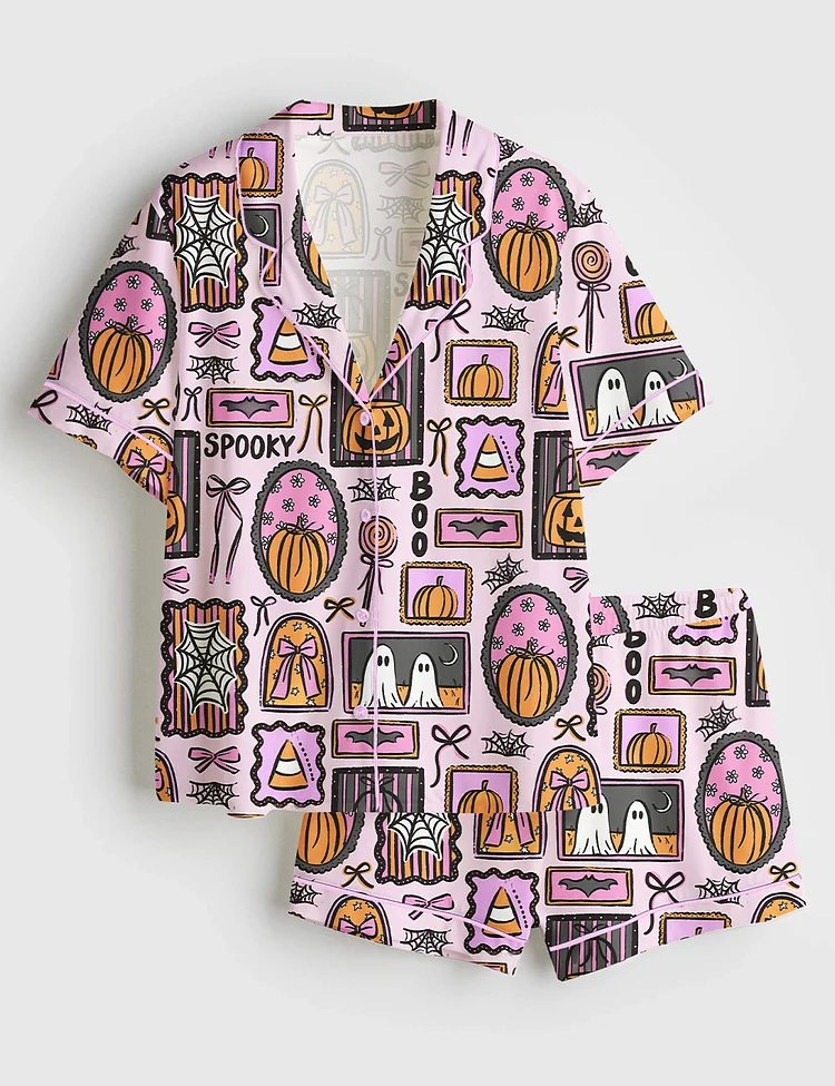 Women&rsquo;s Trendy Spooky Frames Halloween Pumpkin Ghost Girly Spooky Patchwork Print Short Sleeve Satin Pajama Set