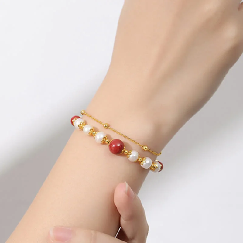 925 Sterling Silver Pearl Cinnabar Wisdom Bead Double Layer Chain Bracelet
